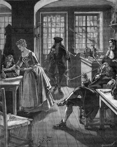 England, slutningen af det 17. århundrede: mænd, der ryger på en café. Indgravering af det 19. århundrede. I "Histoire de France" af Jules Michelet af Unknown artist