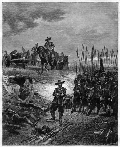 Engelske borgerkrige: Oliver Cromwell (1599-1658) i slaget ved Marston Moor, 2. juli 1644 - Parlamentarikere besejrede royalister under prins Rupert. Gravering fra det 19. århundrede - Oliver Cromwell i slaget ved Marston Moor den 2. juli 1644 under den fø af Unknown artist