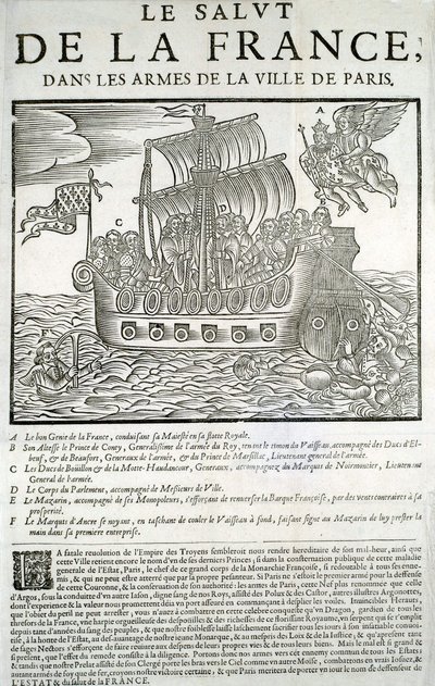 Graveret træ. Mazarinade politiske pamflet: "" Frelsen af Frankrig, i armene på byen Paris"" A - Frankrigs gode geni, der fortærer hans majestæt (Louis XIII) i sin kongelige flåde, B - Prince de Conty, C - Duc de Bouillon et de la Motte-Hauda af Unknown artist
