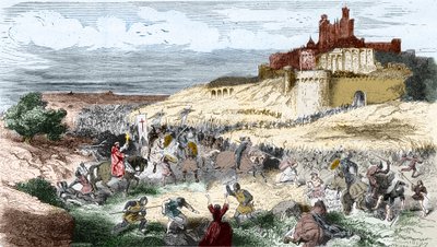 Gravering: Korstog mod Cathares - Albigeois - Tilfangetagelse af Beziers 21. juli 1209 af Simon de Montfort (Simon IV, greve af Montfort) de 7000 indbyggere er massakrer og byen pillee og brulee - Indgravering i "" Histoire De France En Cent Malerier af af Unknown artist