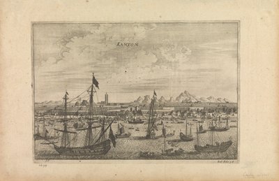 Stik med titlen "Kanton 1655", som er kunstnerens indtryk af Kanton fra en båd i 1655. af Unknown artist