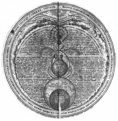 Indgravering af "Amphitheatre of Eternal Visdom". (Amfiteater for evig visdom) (Hamburg: n.n. af Unknown artist