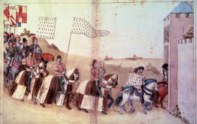 Indgang til kortegen, bærende roret og banneret for hertugen af Bretagne, i klosteret. Manuskript "" Behandler formularen og citaterne, mens vi laver turneringerne"" (Folio 46V-47) af Rene d
