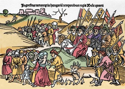 Tartarernes indtog i Ungarn under Bela IV (1235-1270) af Ungarn. Indgravering fra "Chronica Hungariae". Biblioteca Marciana, Venedig. af Unknown artist
