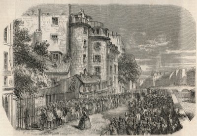 Indgang til politipræfekturet ved rue de Jerusalem på hjørnet af Quai des Orfevres i Paris i det 19. århundrede før 1871 - Indgravering i "Tableau-de-Paris" af Edmond Texier 1852. af Unknown artist