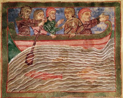 Episode af livet for Saint Radegonde (Radegundis) af Poitiers (519-587), hustru til Clotaire I, kongen af frankerne: Radegonde repræsenteret på en båd, der redder Florio (?) farvande. Miniature fra et manuskript fra det 11. århundrede. Poitiers kommunale b af Unknown artist