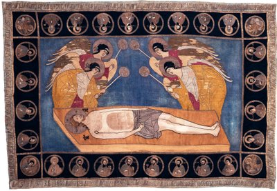 Epitafium af storprins Dmitri Yourevich Chemyaka (død 1453). Fire engle læner sig respektfuldt omkring Kristi legeme. Anonymt broderi, uld, silke og guld- og sølvtråd af Unknown artist