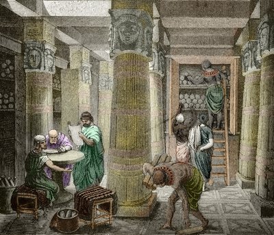 Erudits i biblioteket i Alexandria, ødelagt i 642, Egypten) (Udsigt over biblioteket i Alexandria, Egypten) 1800-tallet (gravering) af Unknown artist