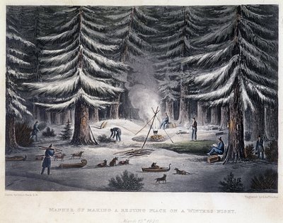 Etablering af en lejr i løbet af en vinternat - i "" Fortælling om en rejse til polarhavets kyster i årene 1819-1821", af John Franklin, red. London af Unknown artist