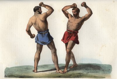 Etruskiske boksere - gravering fra "" Skikke og traditioner for alle folk i universet. Det vil sige historien om regeringen, lovene, militsen, om alle nationers religion fra de fjerneste tider til i dag "1856 af Unknown artist