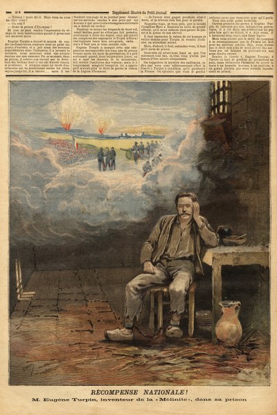 Eugene Turpin (1848-1927) kemiker, opfinder i 1884 af melinit (et sprængstof), i sin celle, anklaget (uretmæssigt) for at have solgt sin opfindelse til fjenden. Han inspirerer Jules Verne til karakteren Thomas Roch i romanen "Face au drapeau"". Indgraverin af Unknown artist