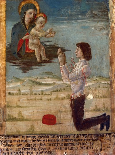 Ex-voto, der skildrer Madonna og barn med mand på knæ, der beder, Abbey of St Maria del Monte, Cesena, Emilia-Romagna, Italien af Unknown artist