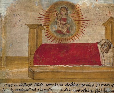 Ex-voto, der afbilder Madonna og barn med patient i sengen, Abbey of St Maria del Monte, Cesena af Unknown artist