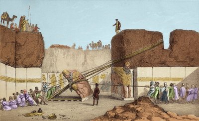 Udgravninger af Nineve (Nineve) - Ruinerne af Nimrud (Nimroud) af Henri Layard (efter hans rejse til Mesopotamien i det 19. århundrede); udskiftning af den store tyrevinge -Forsendelsen af en bevinget tyr fra Nimrud under udgravningerne af Sir Austen Henry af Unknown artist