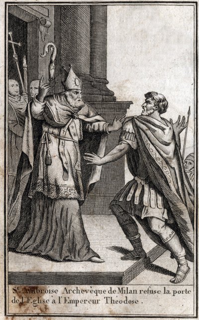 Ekskommunikation: Buen af Skt. Ambrosius af Milano (Aurelius Ambrosius, Ambrogio di Milano (340-397) nægter kirkedøren til den romerske kejser Theodosius I (Flavius Theodosius) (347-395) for at straffe ham for massakren i Thessaloniki i 390. Indgravering af Unknown artist