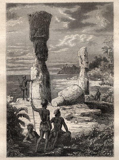Ekspedition jorden rundt (1785-1788) af Jean Francois Galaup de La Perouse (1741-1788): indfødte på Påskeøen ser på monumentale statuer (Moai) - illustration taget fra "The Great Mariners of the 18th century"" af Unknown artist