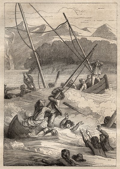 Ekspedition rundt om i verden (1785-1788) af Jean Francois Galaup de La Perouse (1741-1788): Forlis af bådene i havnen i den franske (Alaska) - illustration taget fra "The Great Mariners of the 18th century" af Unknown artist