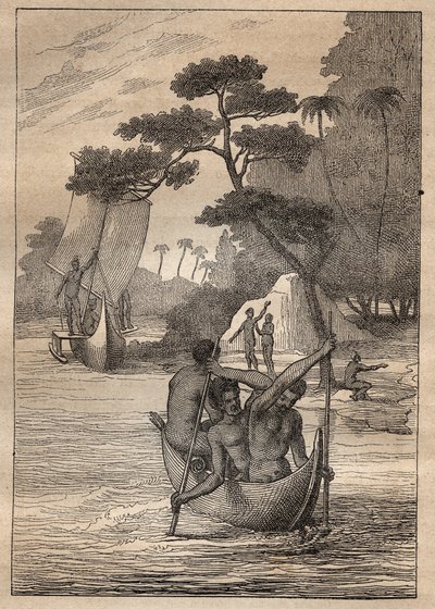 Ekspedition af Nicolas Thomas Marion-Dufresne (Marion Dufresne) (1729-1772): kanoer fra øerne Admiraut (Bismarck Archipelago, Papua Ny Guinea) - illustration taget fra "" The Great Mariners of the 18th century""" af Unknown artist