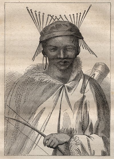 Ekspedition til det indre af Sydafrikas lande (1775) af Anders Sparrman (1748-1820): en boschiman (Bochiman eller San, indfødt i det sydlige Afrika) - illustration hentet fra "De store søfarere i det 18. århundrede" af Unknown artist
