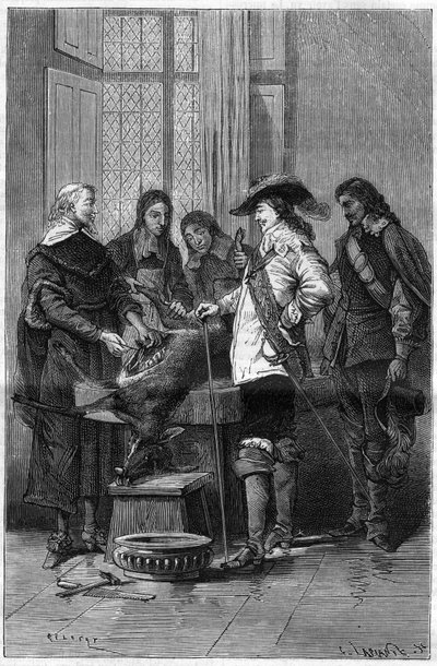 Erfaring fra William Harvey (1578-1657), engelsk læge, der viser Charles I Stuart (1600-1649) konge af England og læger fra Royal College of London fænomenet blodcirkulation på en levende då. Indgravering i ""La Nature"" af Unknown artist
