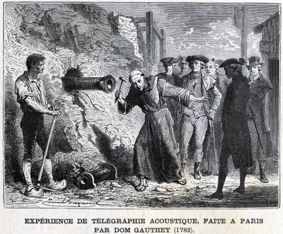 Eksperiment i akustisk telegrafi, lavet i Paris af Gauthey i 1782, gravering af det 19. århundrede, Bianchetti-samling. af Unknown artist