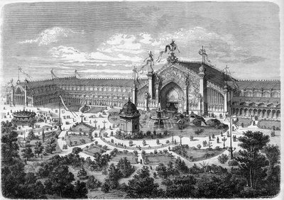 Udstilling Universelle de Lyon: gallerierne set fra parken. Gravering i "" L