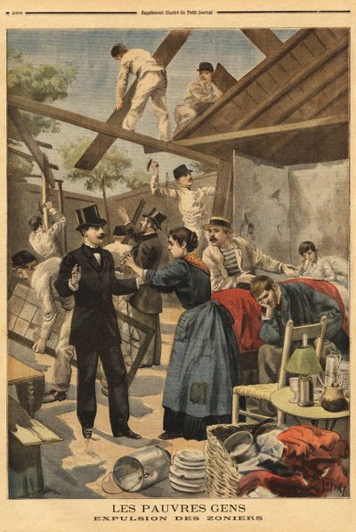 Udvisning og element af kasernen opstillet på den militære zone ved Gentilly-porten. Illustration i "" Le petit journal"" 23/06/1895. af Unknown artist