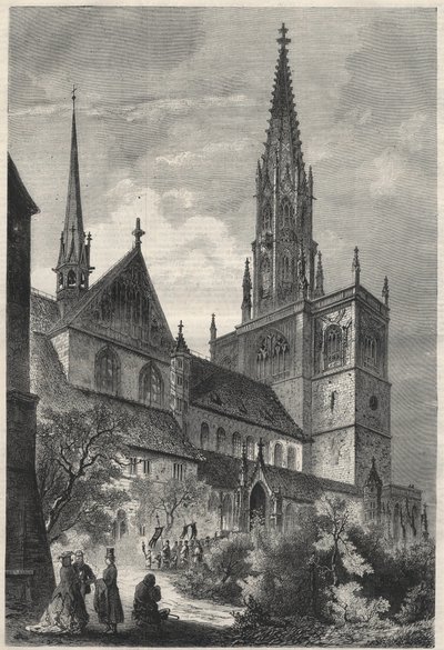 Udvendig udsigt over Notre Dame-katedralen i Constance, Tyskland. Indgravering i "The Universe illustrious" af Unknown artist