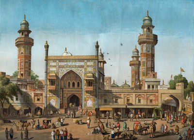 Udvendig udsigt over Wazir Khan-moskeen i Lahore, Pakistan. Indgravering i ""The illustrated London News"" af 22. maj 1858. af Unknown artist