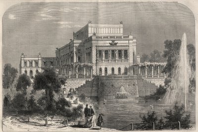 Udvendigt billede af det nye teater i Leipzig, Tyskland. Gravering i "" L