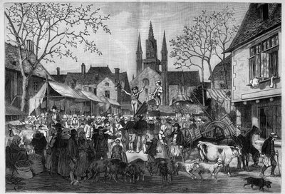 Messe i Bretagne på pladsen i en landsby. Gravering i "" Le Monde Illustré"" af Unknown artist