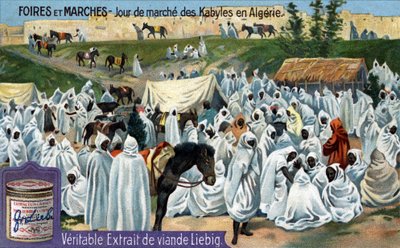 Messer og markeder: Kabyl markedsdag i Algeriet. Kromolitografi, Liebig-billede. af Unknown artist