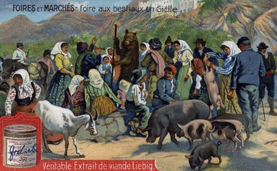Messer og markeder: kvægmesse på Sicilien. Kromolitografi, Liebig-billede. af Unknown artist
