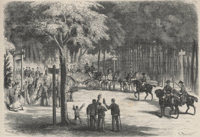 Familieophold i Fontainebleau: udflugt af deres majestæter til ruinerne af Franchart. Et bryllup hilser kejser Napoleon III (1808-1873) og hans families passage. Indgravering i "The Universe illustrious" af Unknown artist