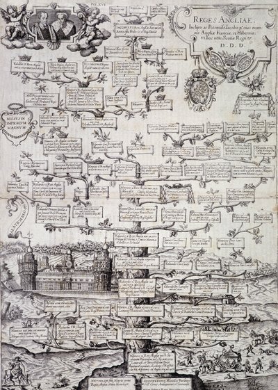 Stamtræ for den kongelige familie i England fra det 12. til det 17. århundrede - gravering af Unknown artist