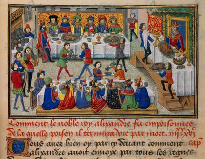 Festmåltidsscene, serveret for kong Alexander og hans hoffolk i de sidste dage af hans liv. Miniature taget fra "La Vraye Histoire du Bon Roy Alixandre"" af Callisthenes, eller Kallisthenes (ca. 360-328 f.Kr.) af Unknown artist