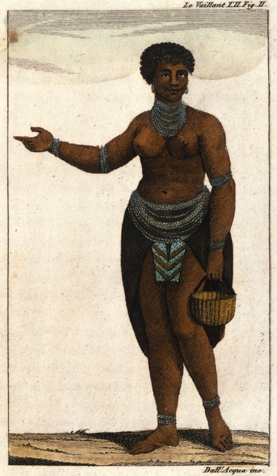 Kvindelig medlem af den sydafrikanske stamme af Hottentotter, gravering fra 1820. af Unknown artist