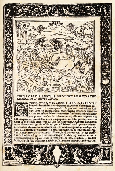 Fight Of Teseo With The Minotauro (træsnit) af Unknown artist
