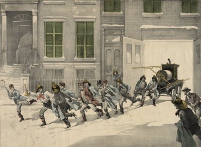 Brandfolk afgår nødopkald på brandstedet, akvarel af 1895. USA af Unknown artist