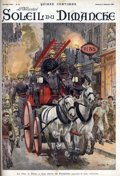 Brand i Paris: en brandvæsensalarm. Indgravering i “Le sun-du-dimanche”, 3. december af Unknown artist