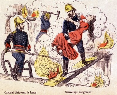 Brandmand redder en ung kvinde fra flammerne fra en brand. af Unknown artist
