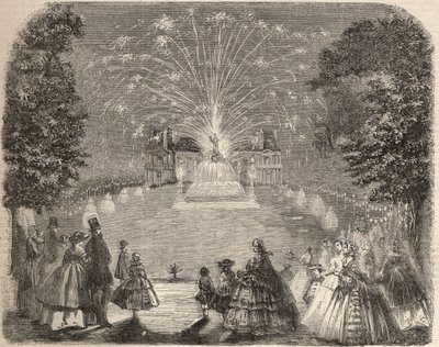 Fyrværkeri og belysning af slottet Maison Laffitte (House-Laffitte) om aftenen for landbrugsudvalgets konkurrence. Stik i “Le Monde illustrious”” fra 1857. Privat samling. af Unknown artist