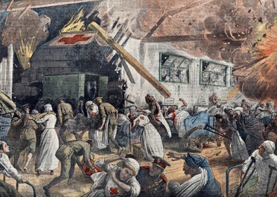 Første Verdenskrig: Bombning af et engelsk hospital af tyske eskadriller, juni 1918 Illustration fra "Le pelerin" 18/06/1918 Privat samling af Unknown Artist