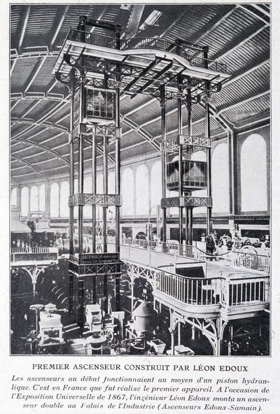 Første elevator bygget af Léon Edoux på universaludstillingen i 1867 af Unknown artist