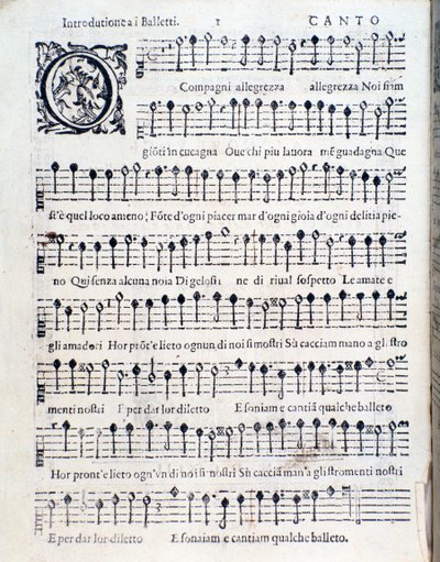 Første side af Balletter for fem stemmer af Giovanni Giacomo Gastoldi af Unknown artist