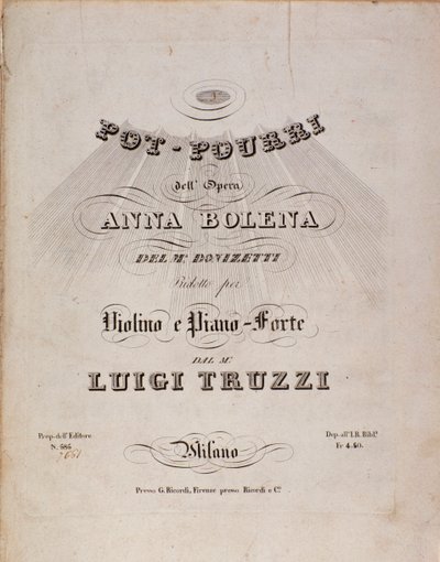 Første side med noder af en pot pourri af Anna Bolena, opera af Gaetano Donizetti af Unknown artist