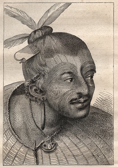 Første rejse (1768-1771) af kaptajn James Cook (1728-1779): tatoveret hoved af en Neo-Zelandais (Neo Zelandais) - illustration taget fra "The Great Mariners of the 18th century"" af Unknown artist