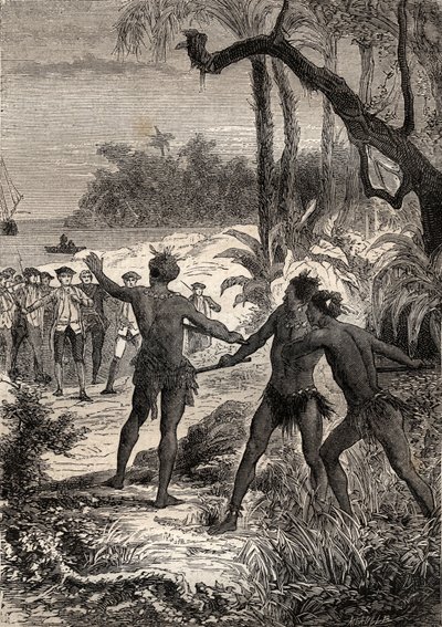 Første rejse (1768-1771) af kaptajn James Cook (1728-1779): mens Cook og ti sømænd sejler på Meridionalkysten af New Guinee, rejste tre indianere sig ud af skoven med store skrig - illustration taget fra "The Great Mariners of det 18. århundrede"" af Unknown artist