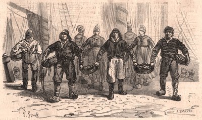Fiskere med kurve fulde af fisk på kajen i havnen i Trouville, Frankrig af Unknown