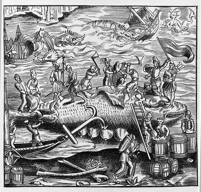 Fiskeri og hvalfangst, baseret på en trægravering fra Thevets "Universal Cosmography". Paris 1575 af Unknown artist